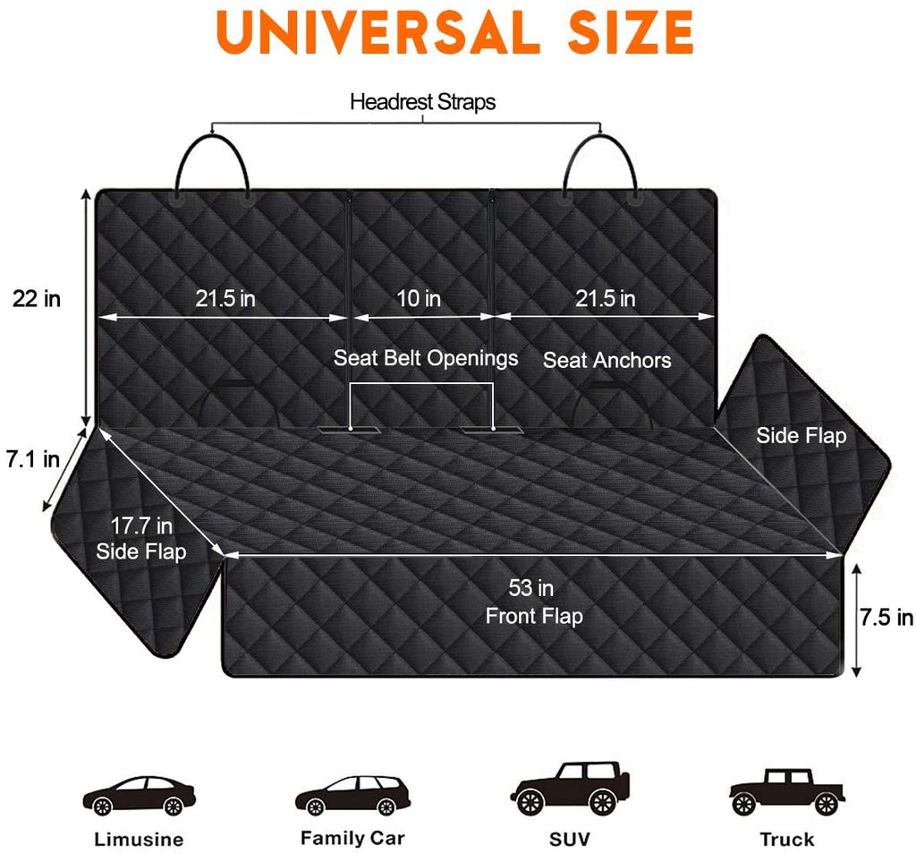 Premium Waterproof Dog Car Seat Cover - Non-Slip Back Seat Protector for Cars, Trucks, and SUVs - Fits Middle Armrest - Black