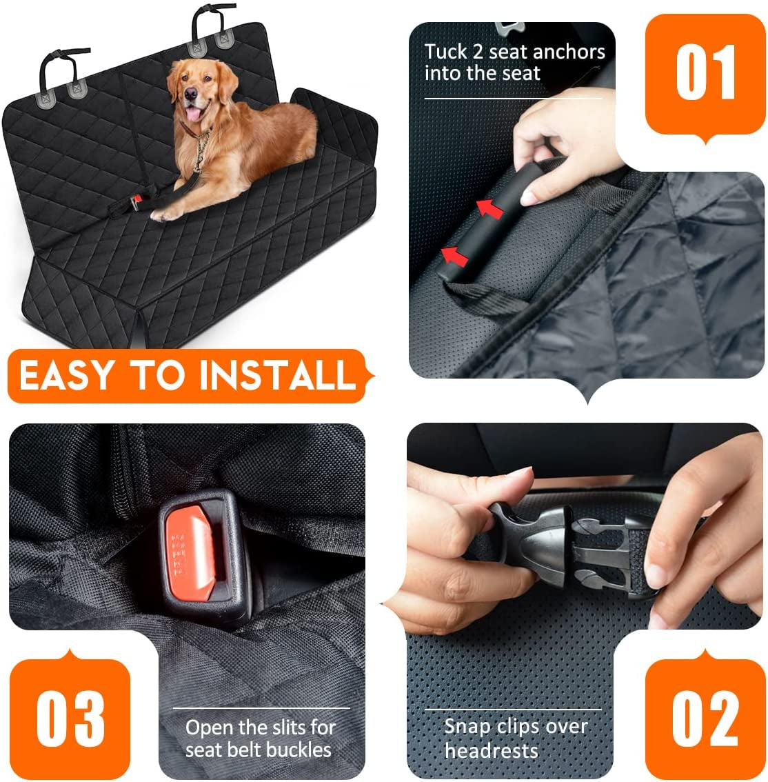 Premium Waterproof Dog Car Seat Cover - Non-Slip Back Seat Protector for Cars, Trucks, and SUVs - Fits Middle Armrest - Black